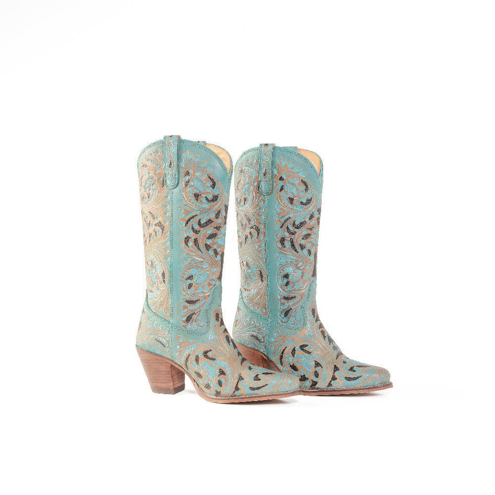 Kasiopeah Hand-tooled Boots in Turquoise: Turquoise / 9