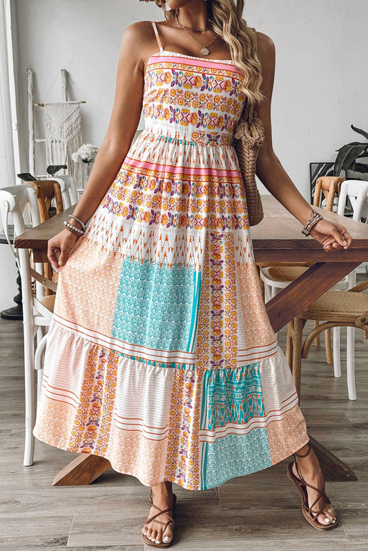Boho Patchwork Print Square Neck Sundress
