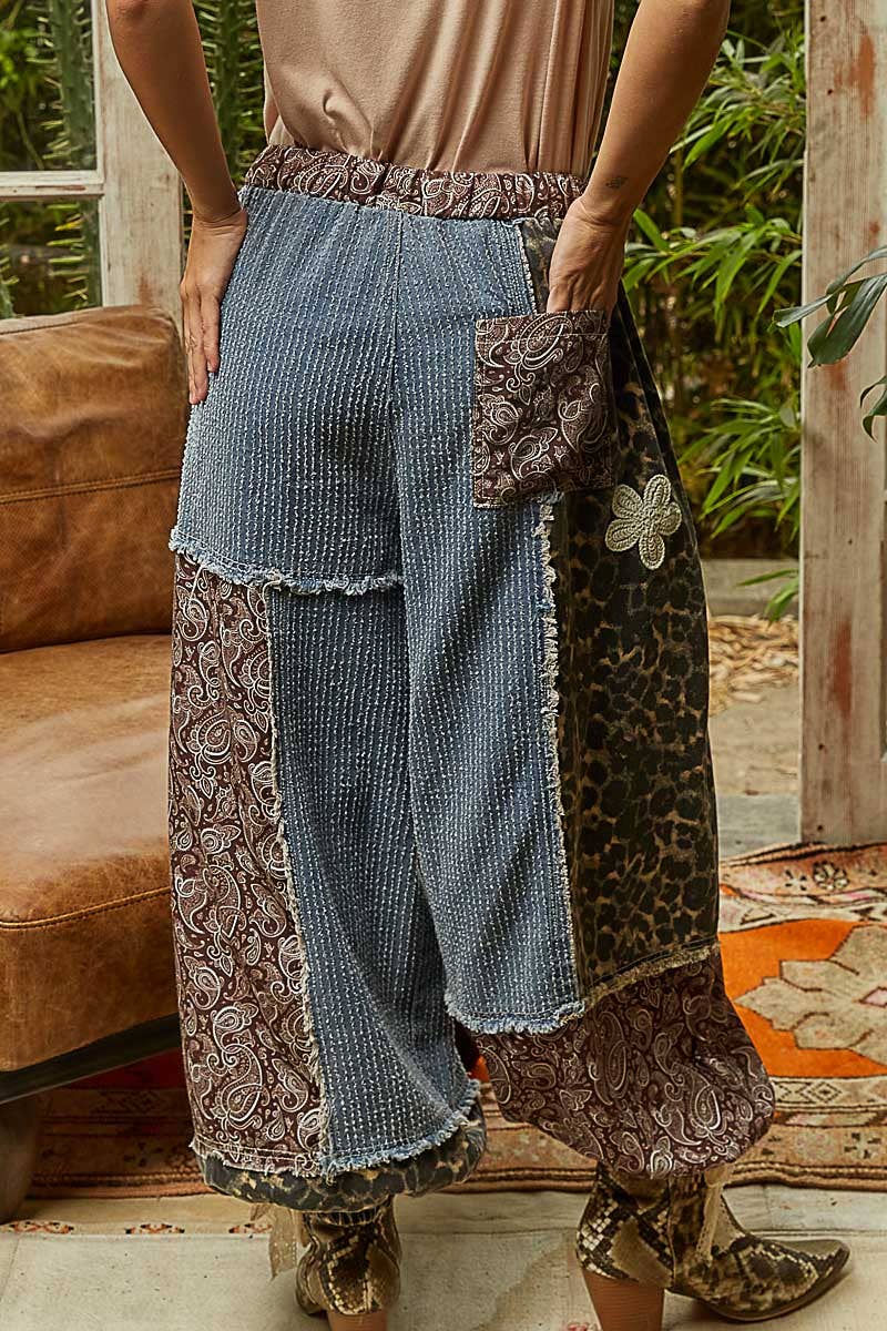 Crochet patch detail contrast patchwork printed woven pants