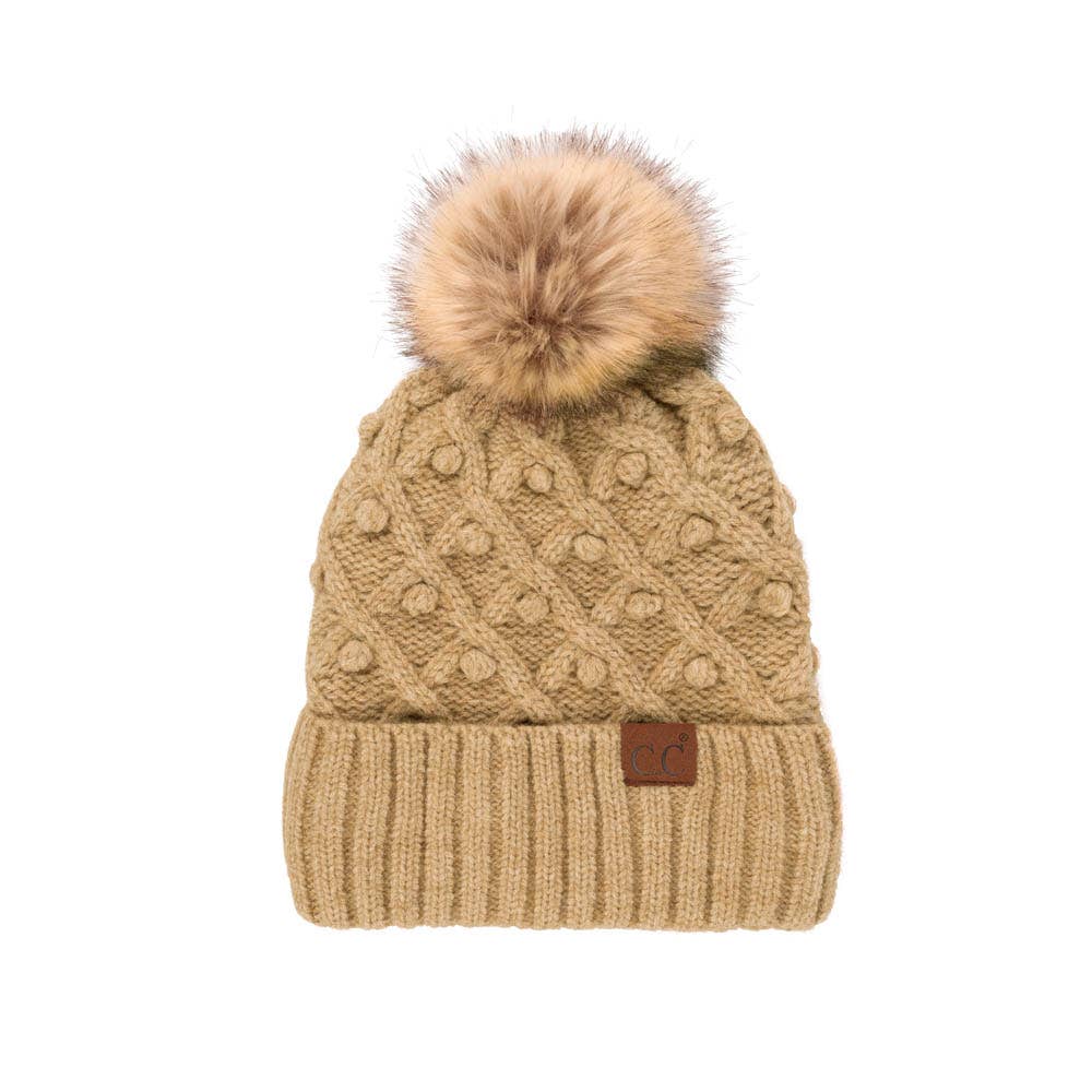 C.C Bobble Beanie Hat: Beige