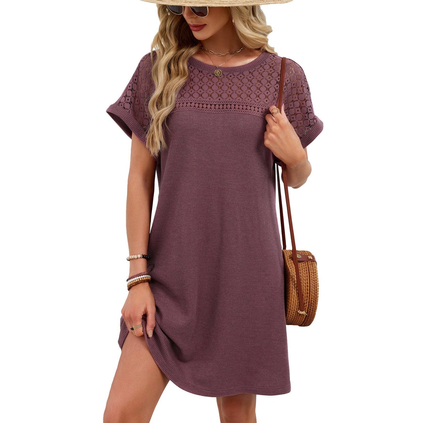 Lace Patchwork Casual Short Sleeve Loose Dress