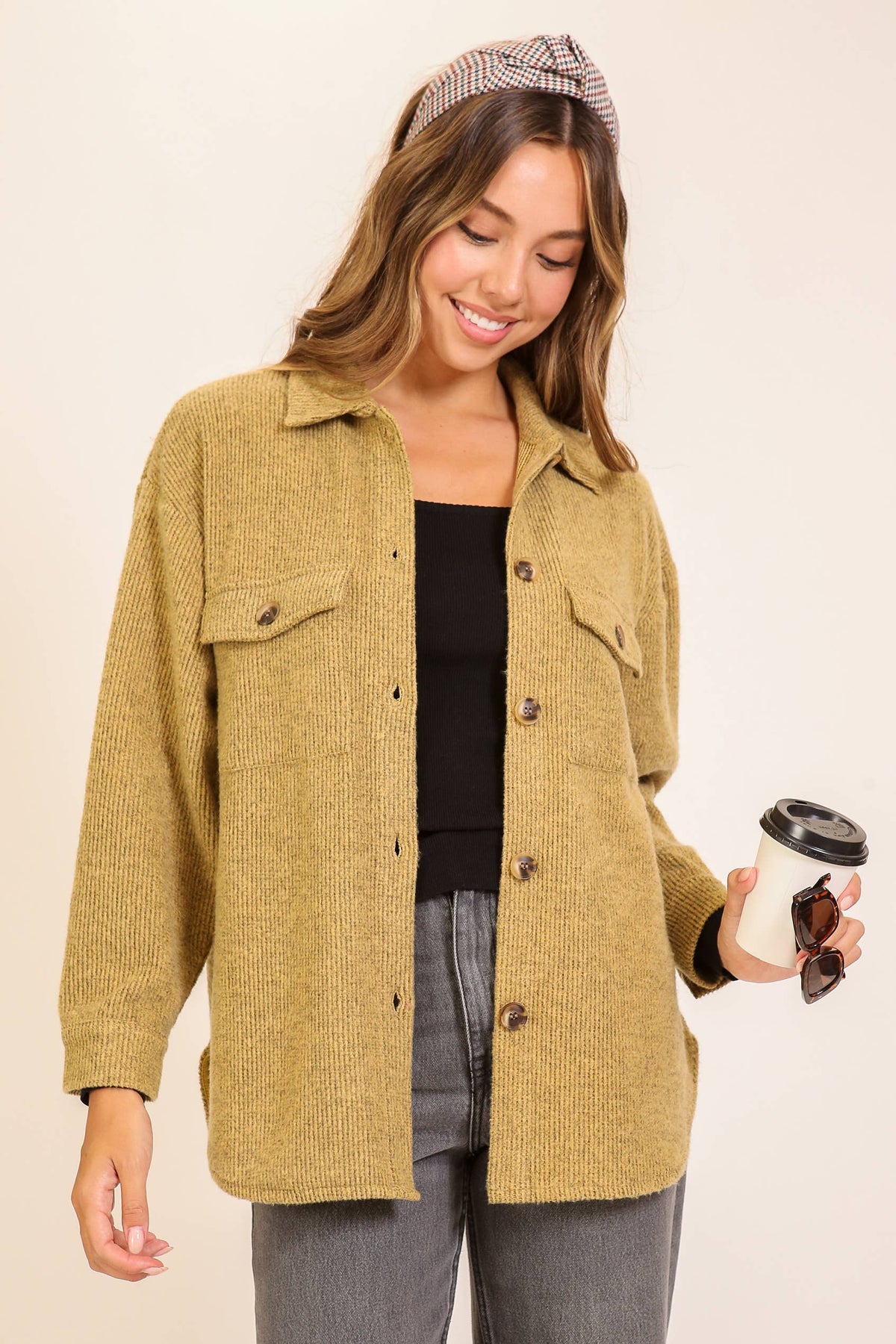 Brushed Waffle Button-Up Shacket: OATMEAL