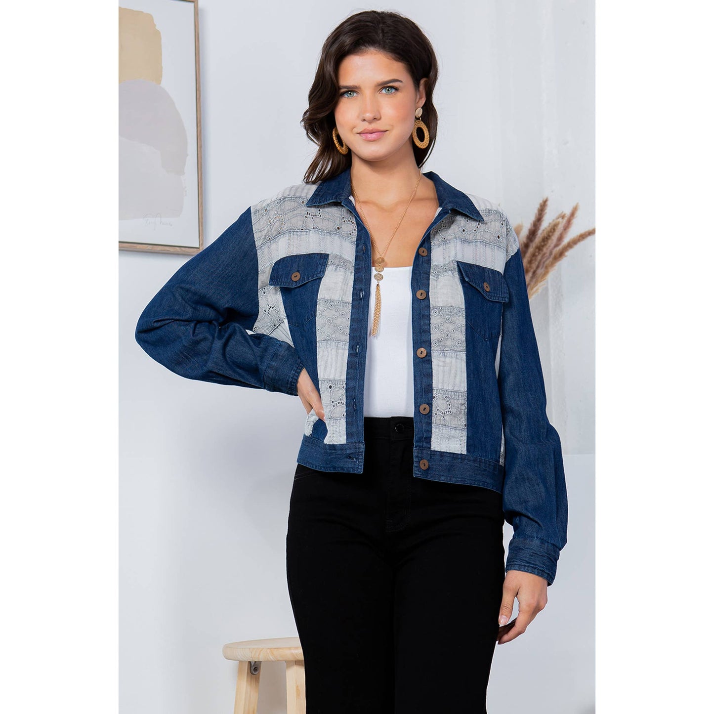 Cowgirl Chic: Cropped Denim Jacket With Printed Patchwork