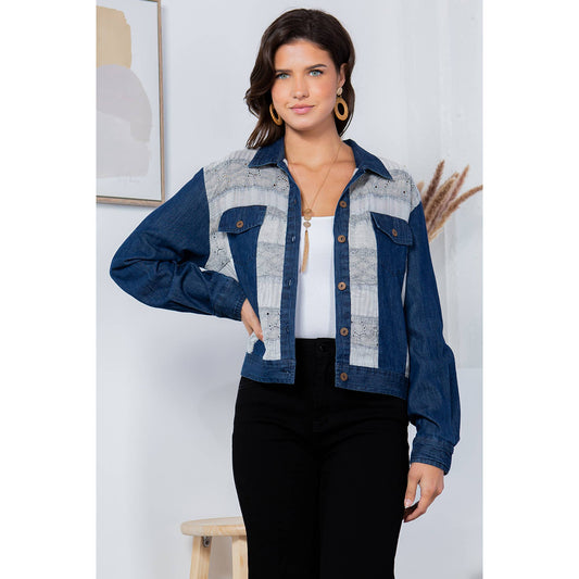 Cowgirl Chic: Cropped Denim Jacket With Printed Patchwork