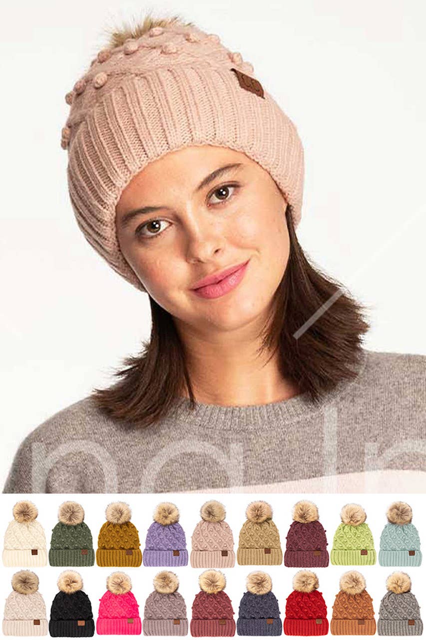 C.C Bobble Beanie Hat: Beige