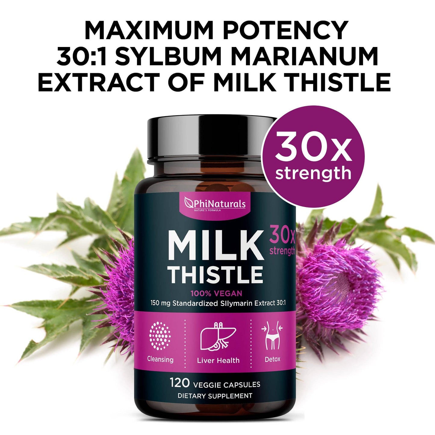 Phi Naturals - Milk Thistle Silymarin 30x Extract Supplement: 1-Pack