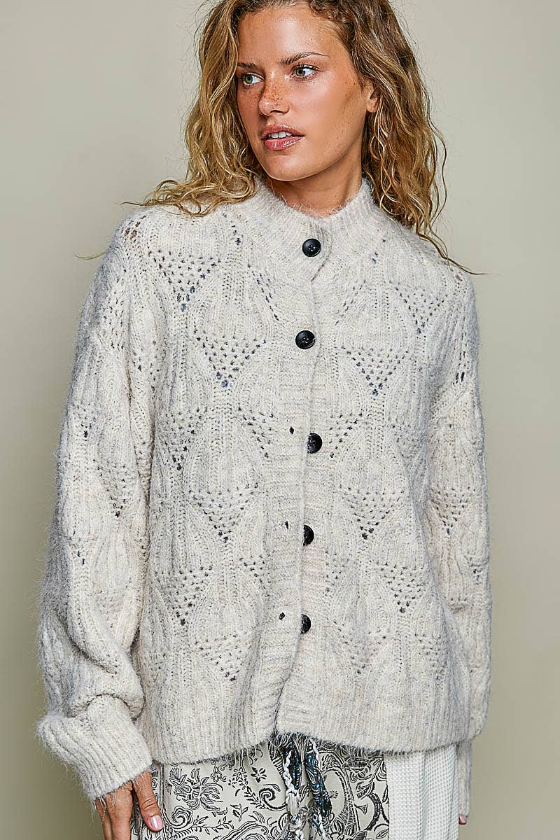 Relaxed Fuzzy Knit Pointelle Detail Ribbed Trim Cardigan: CHARCOAL One Size