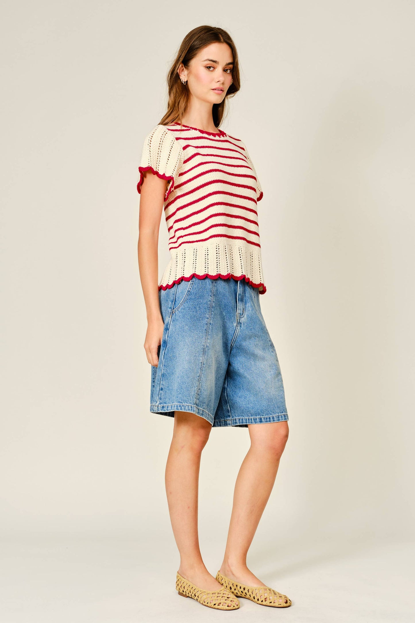 Striped Crochet short sleeved Sweater