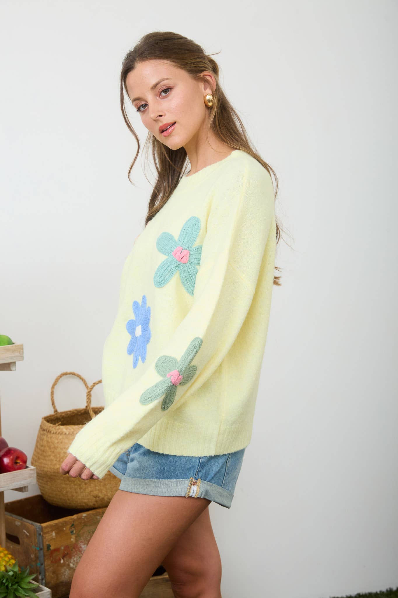 Multi-Color Crochet Floral Detail Knit Sweater