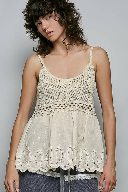 Round Neck Sleeveless Eyelet Ruffle Embroidered Crochet Tank Top