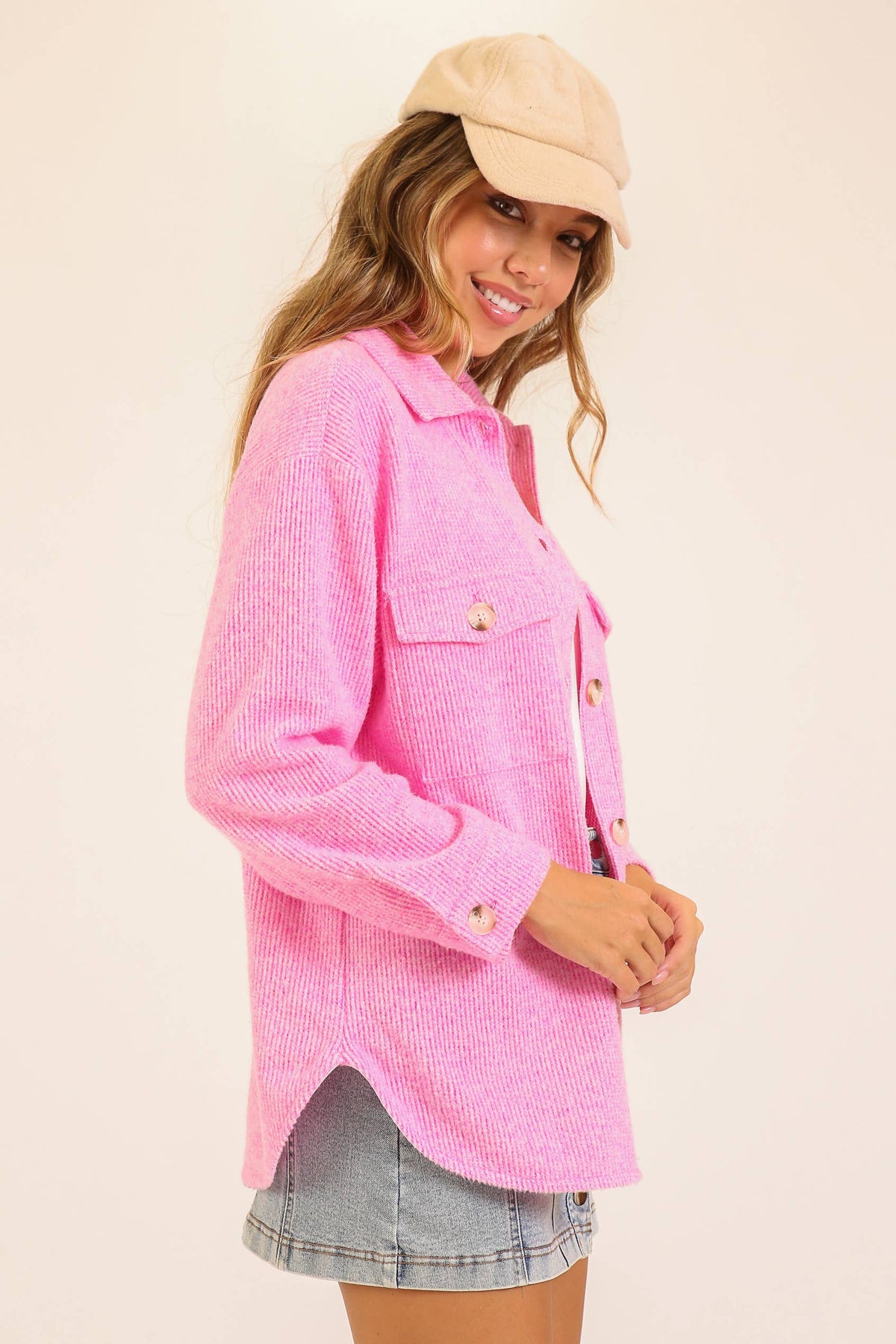 Brushed Waffle Button-Up Shacket: OATMEAL