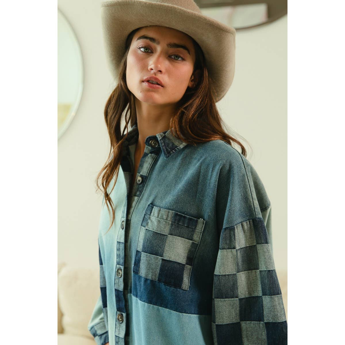 Checker Denim Mix Match Washed Shirt