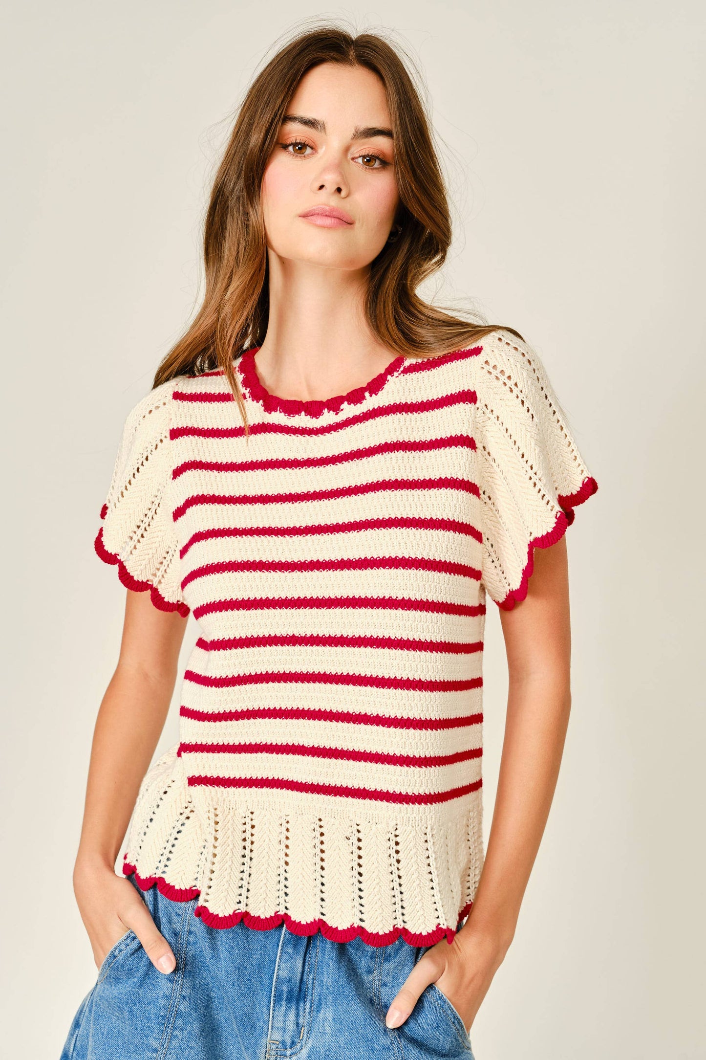 Striped Crochet short sleeved Sweater
