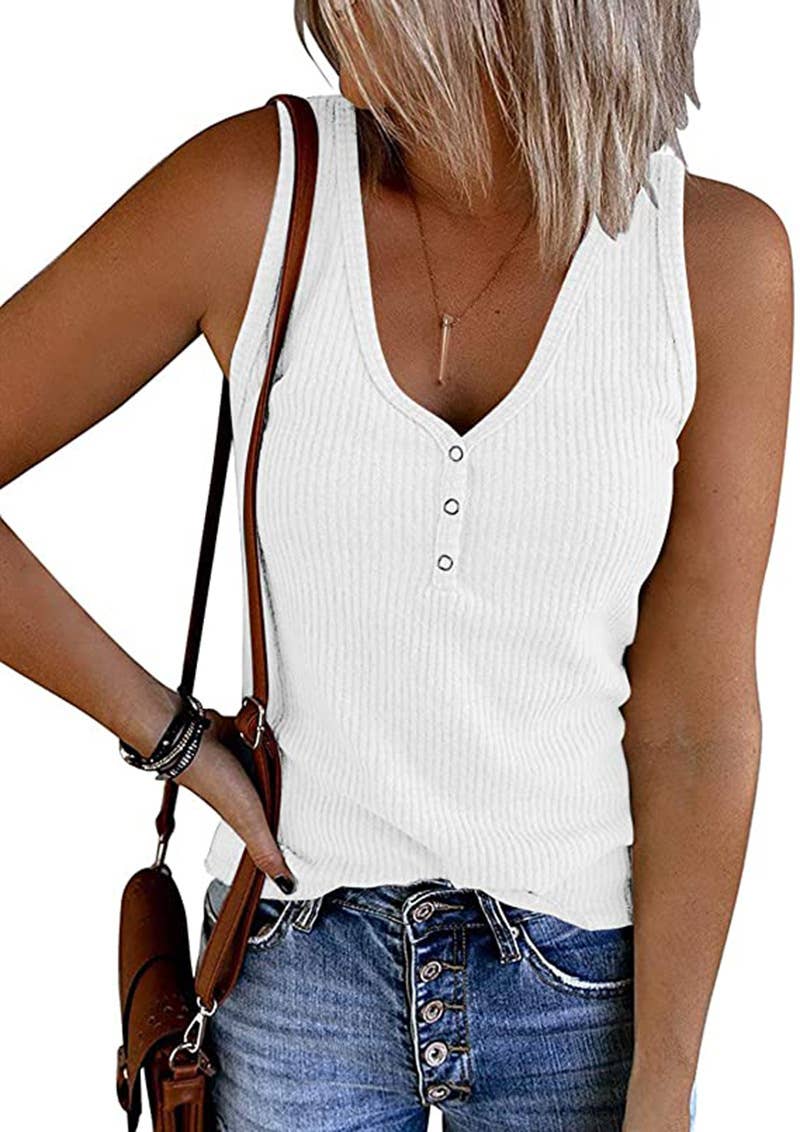 SOLID COLOR V-NECK BREASTED SLIM-FIT KNIT TANK