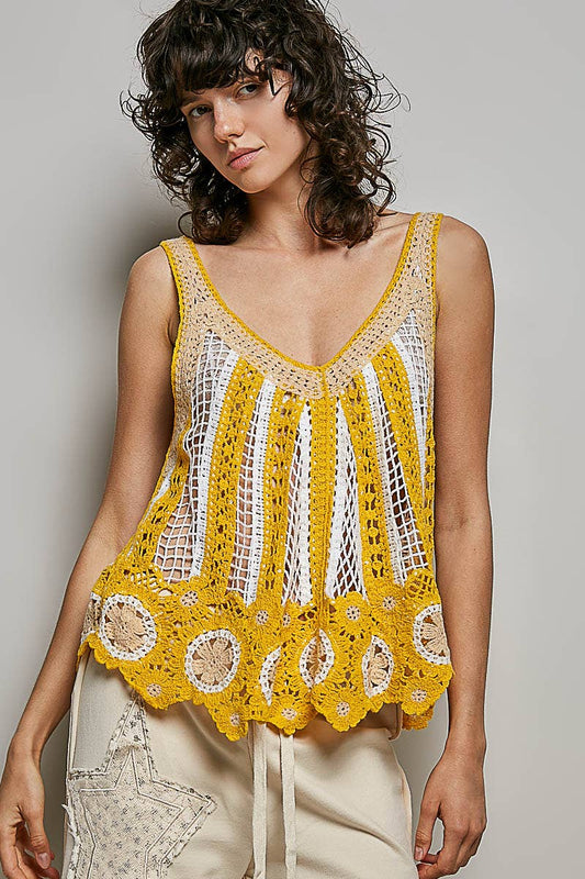 V-Neck Sleeveless Scalloped Edge Stripe Border Crochet Top