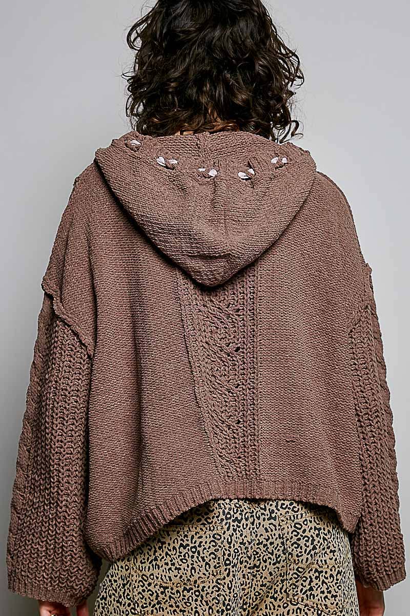 Oversize Fit V-neck Hooded Cable Knit Chenille Sweater