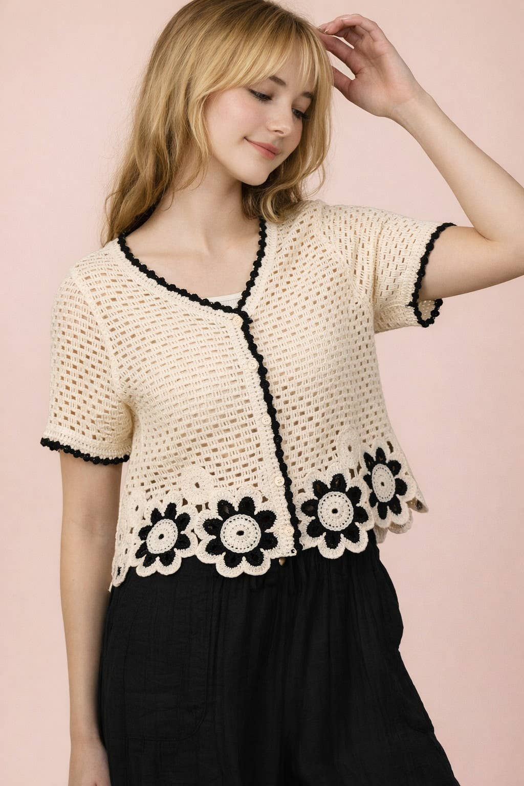 Floral Hem Crochet Button Down Short Sleeved Top