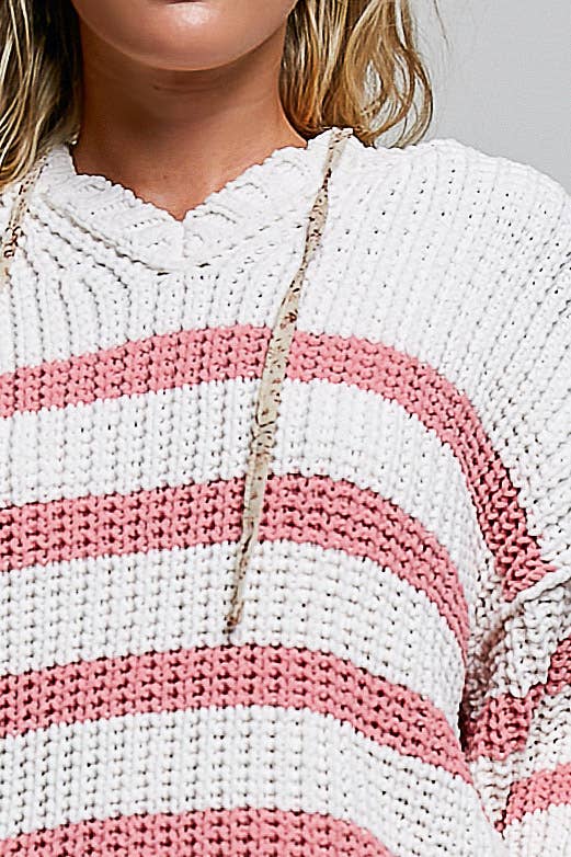 Hoodie V-neck Striped Long Sleeve Stitch Chenille Sweater: CREAM/NAVY