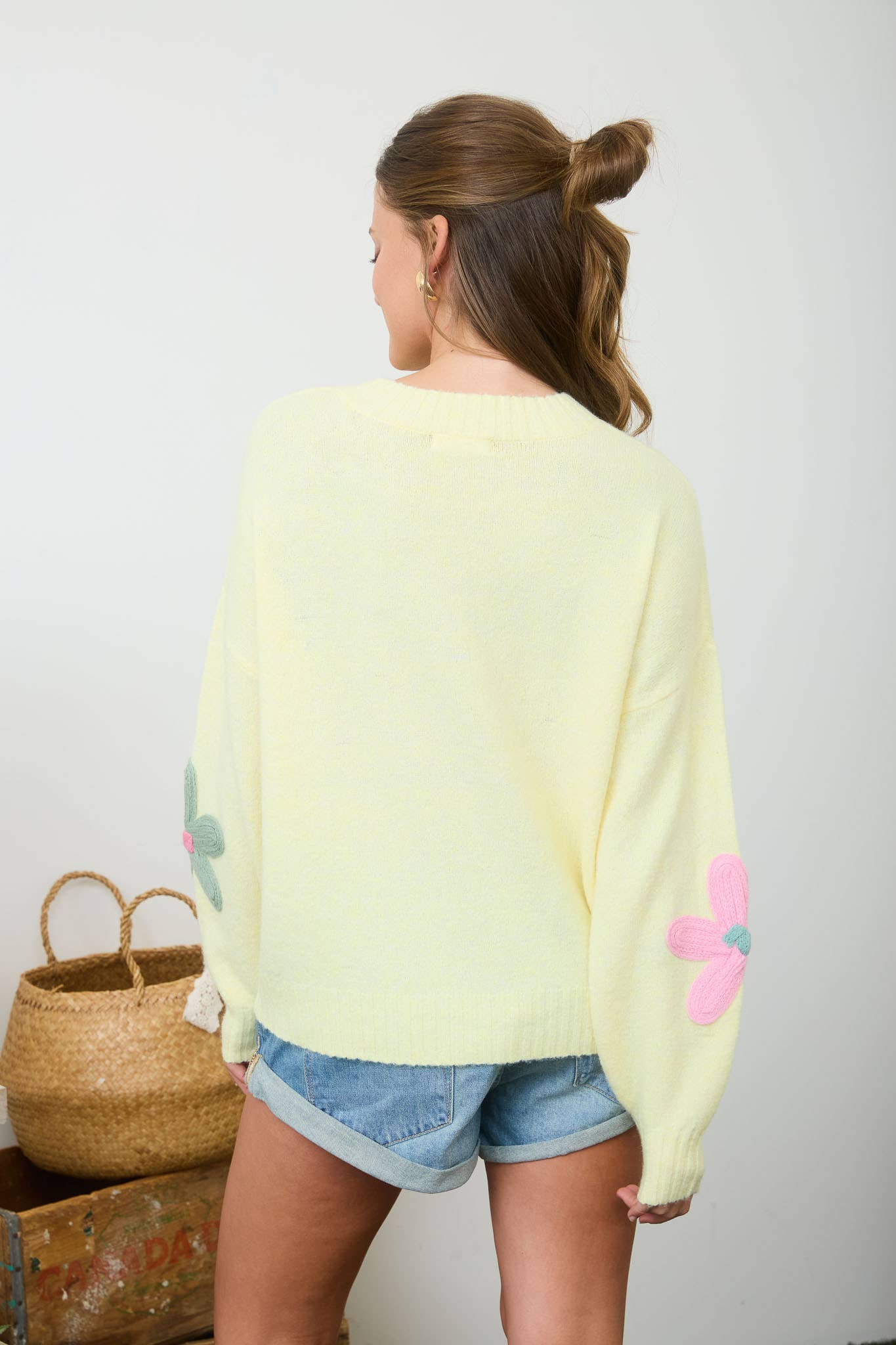 Multi-Color Crochet Floral Detail Knit Sweater