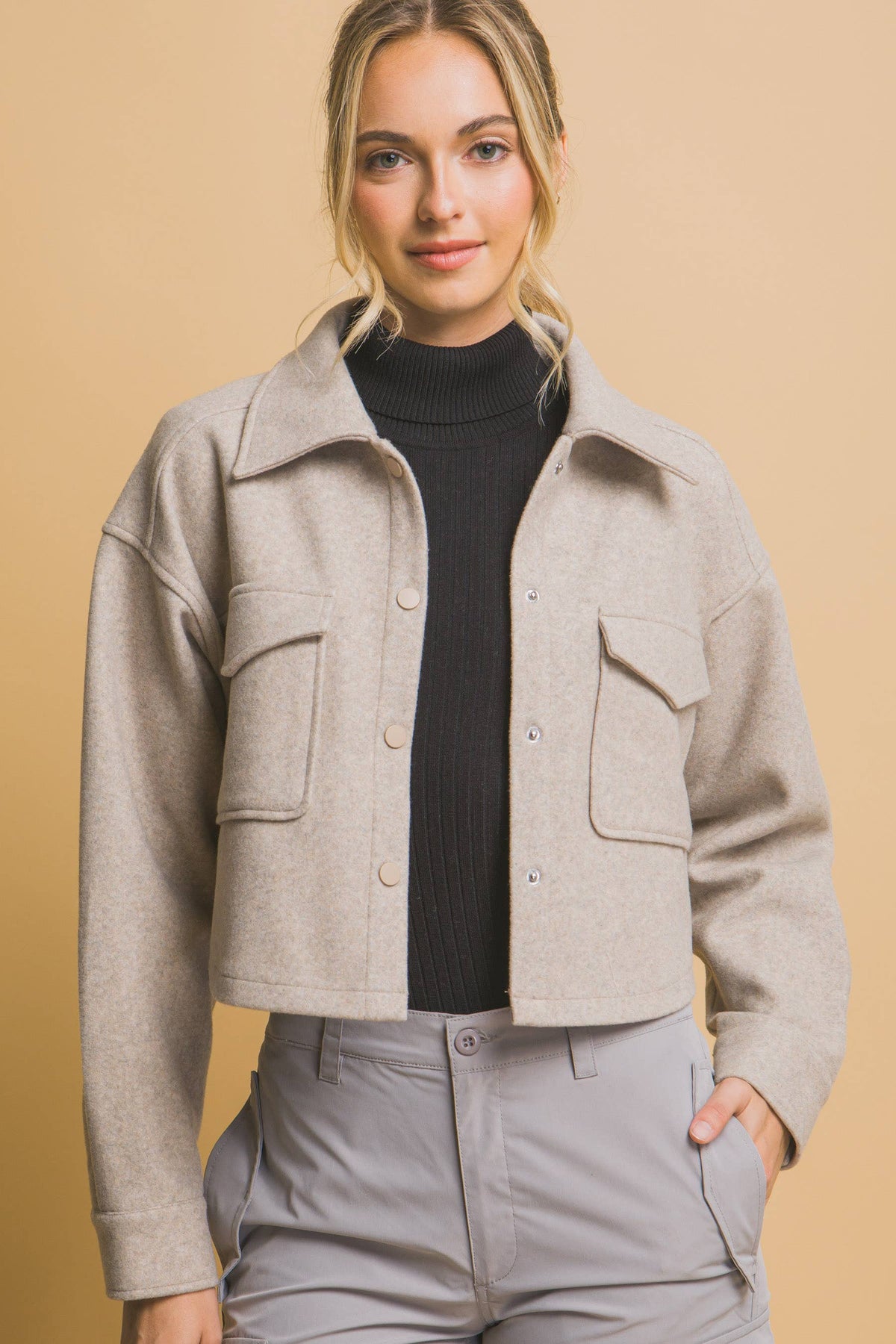 JQ Fleece Cropped Snap-Button Shacket: Wine
