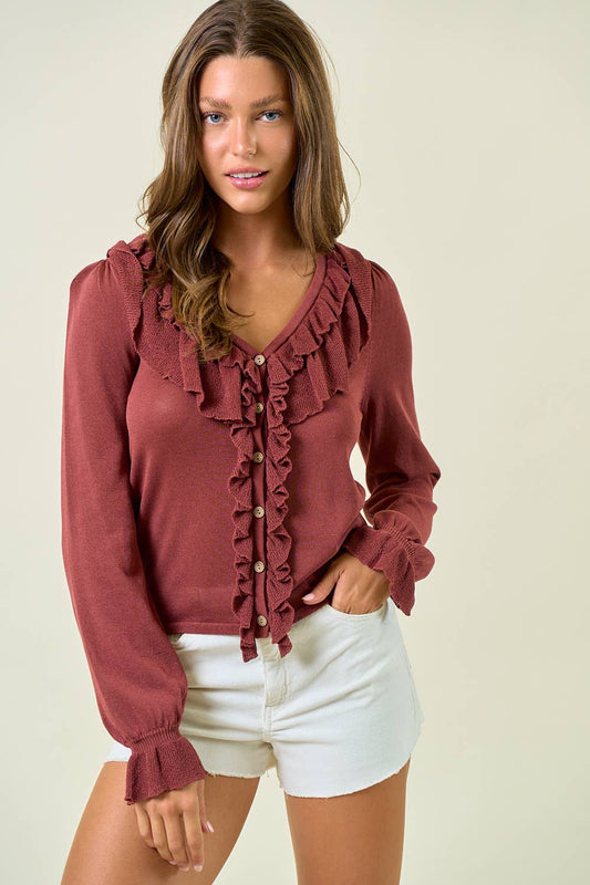RUFFLE CONTRAST FINE GAUGE BUTTON FRONT TOP - 45305T