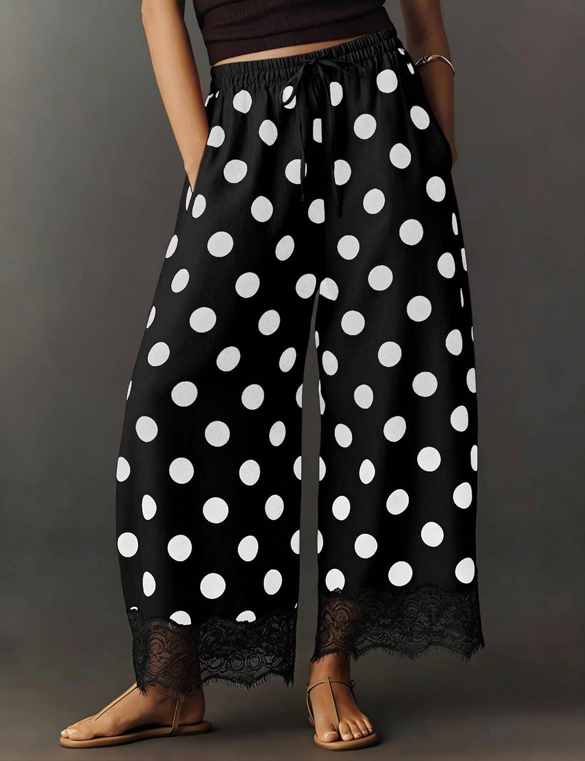 Polka Dot Elastic Waist Cropped Wide Leg Pants