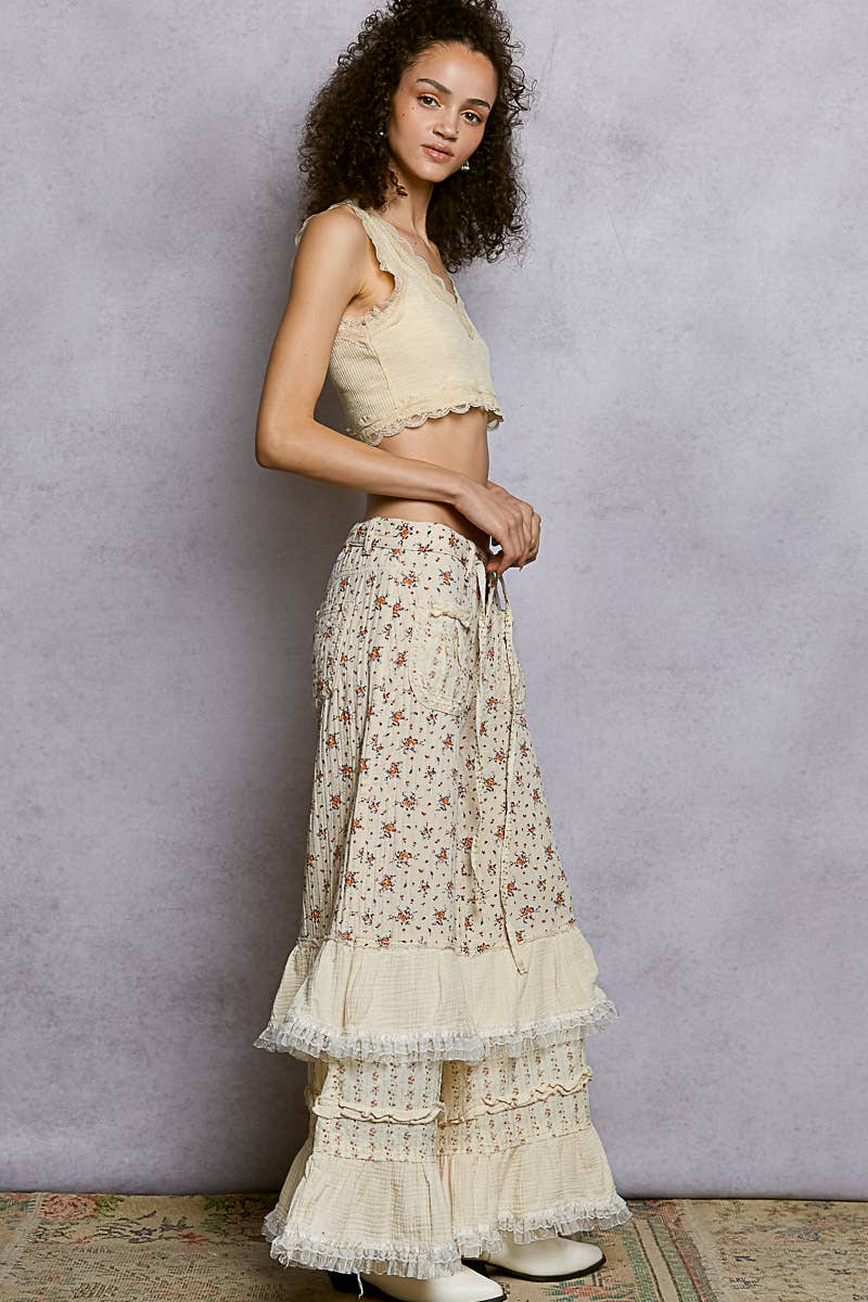 Double Gauze Floral Front Patch Pockets Ruffle Wide Pants