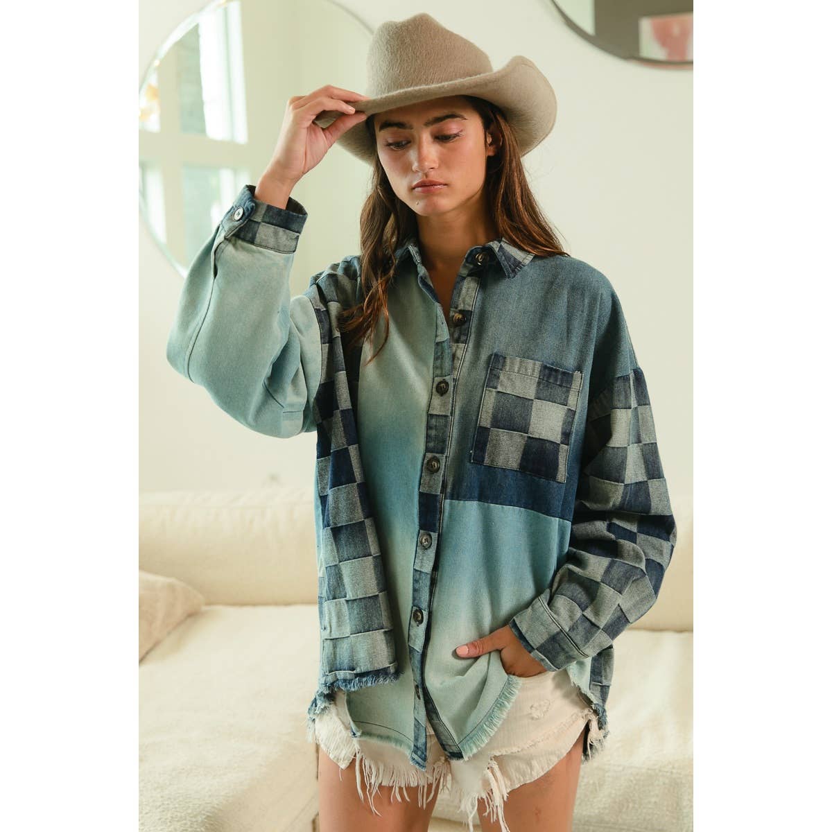 Checker Denim Mix Match Washed Shirt