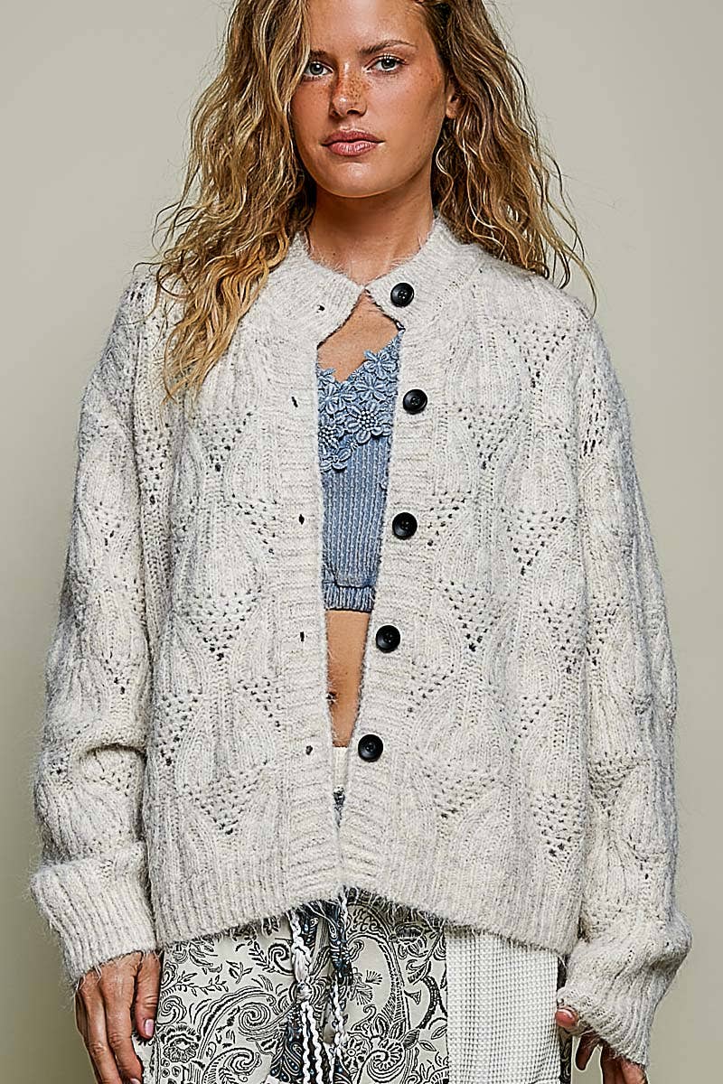 Relaxed Fuzzy Knit Pointelle Detail Ribbed Trim Cardigan: CHARCOAL One Size