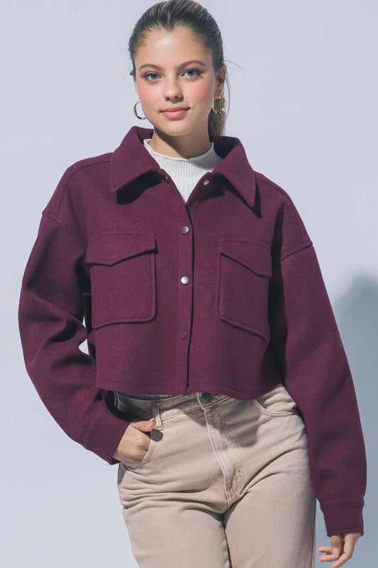 JQ Fleece Cropped Snap-Button Shacket: Wine