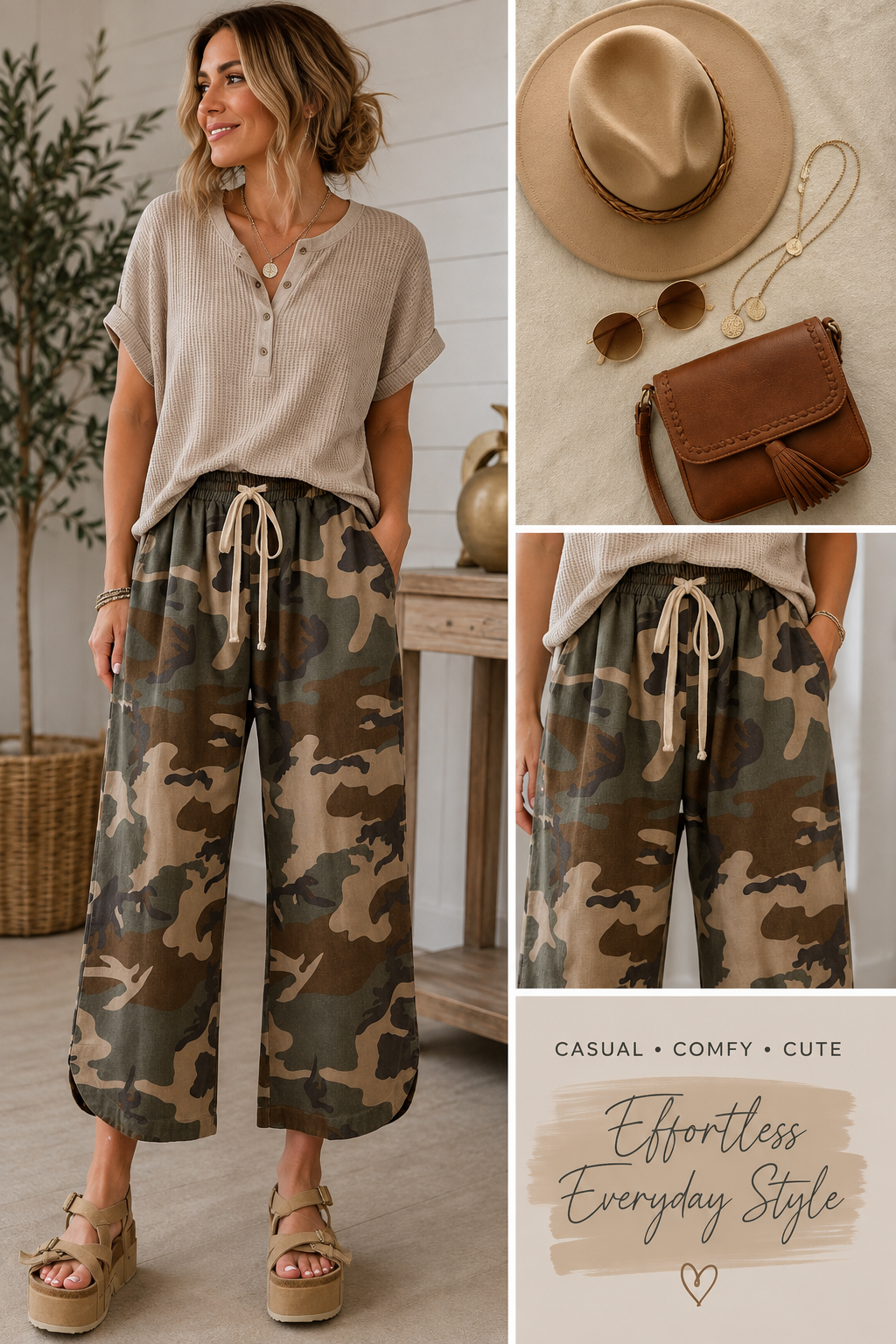 Camo Pattern Curved Side Seam Pants with Drawstring