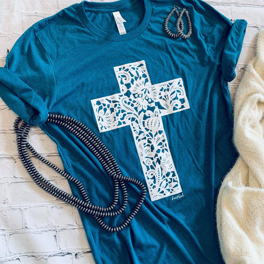 LACE CROSS TEAL  FAITH GRAPHIC TEE