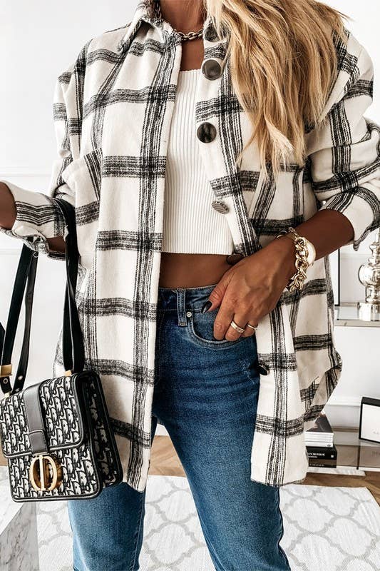 Loose Fit Plaid Big Buttoned Shirt Jacket