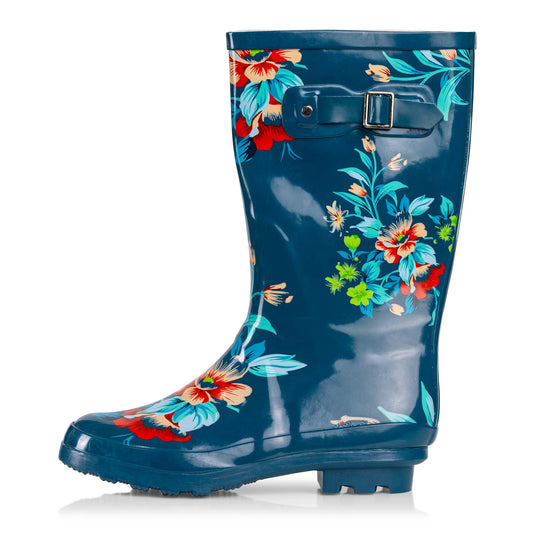Norty Womens Mid Calf 11" Rain Boot Blue Floral: 9
