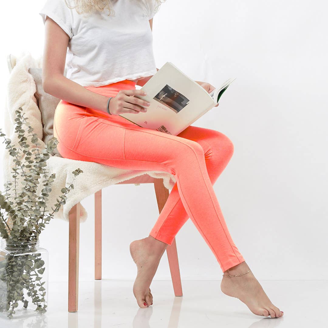 Valentine Wide Waistband Leggings With Pockets: Neon Peach