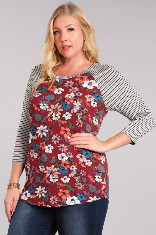 PLUS SIZE FLORAL STRIPE KNIT BASEBALL TEE