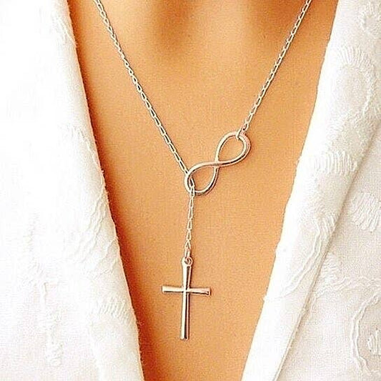 STERLING SILVER Plated INFINITY CROSS LARIAT NECKLACE