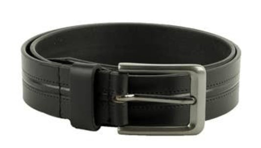 Belt Genuine Leather Double Stitch Center Inlay Prong Buckle Belt Black