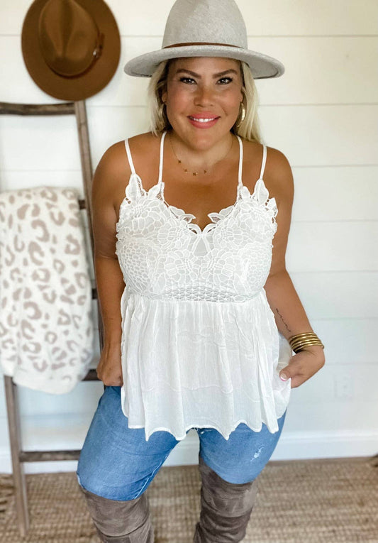 Spring Grace Lace Tank Top: White