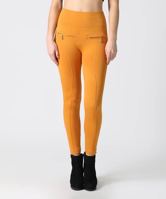Front Piping Zip Leggings: Mustard-One Size