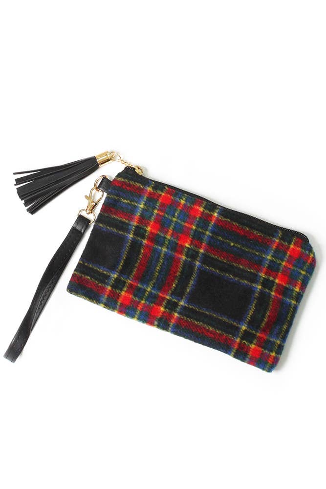 Plaid Pattern Pouch Bag with Wristlet