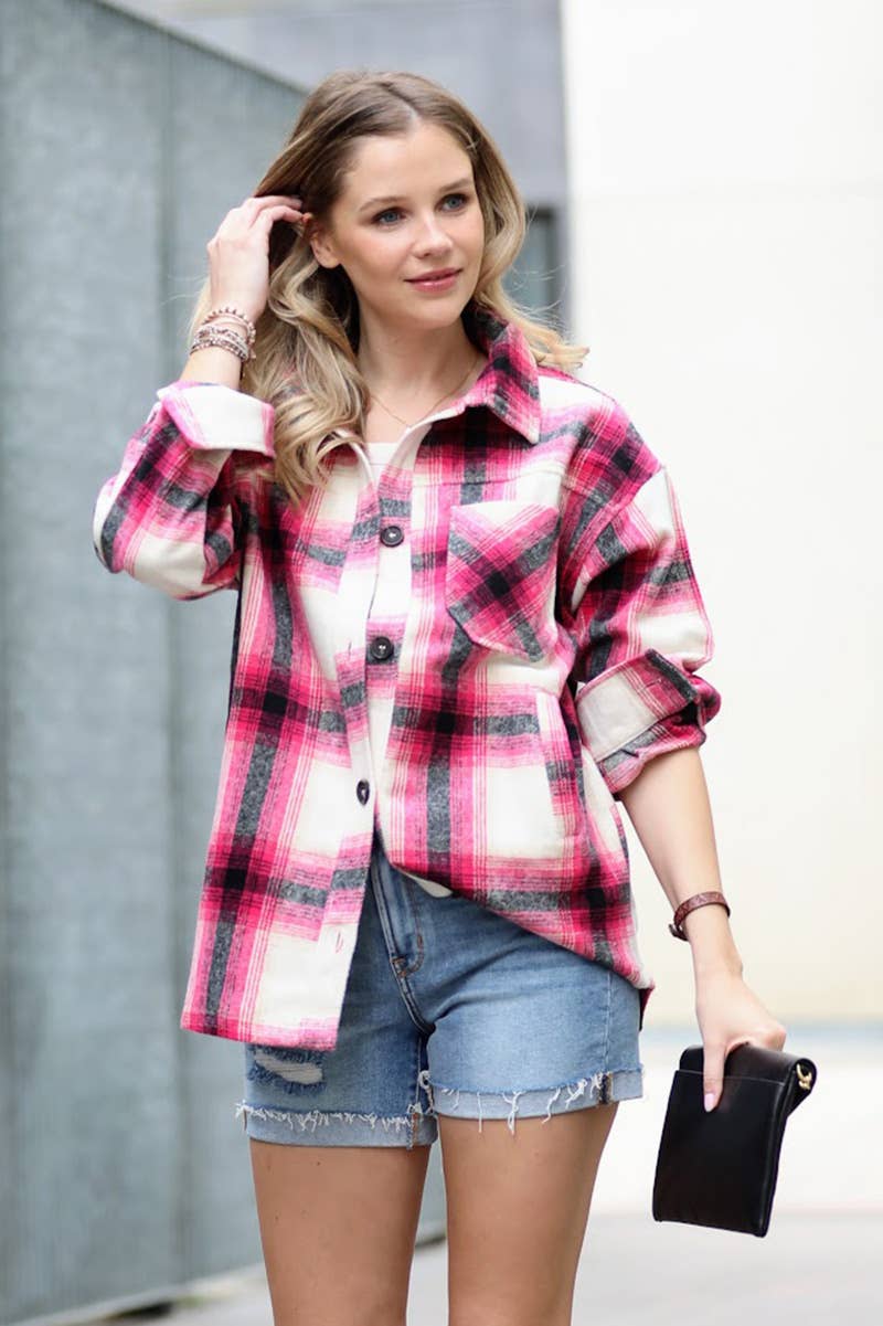 Oversized Yarn Dyed Plaid Shacket With Pockets: L / HOT PINK