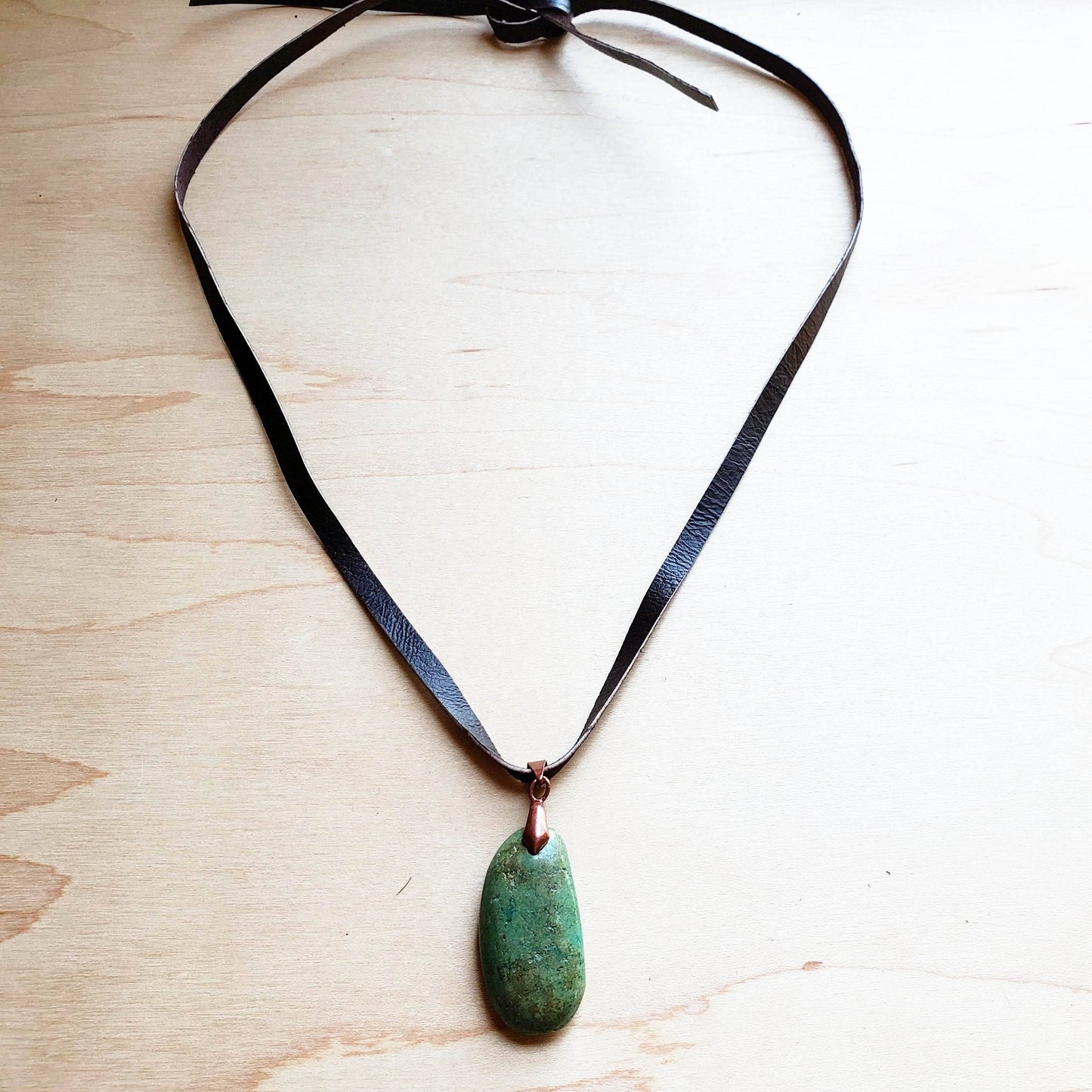 Leather Necklace with Natural Turquoise Pendant - Brown