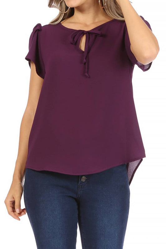 Women's Casual Solid Sleeve Tie Round Neck Shirt